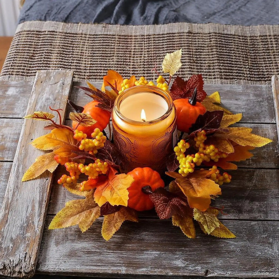 Couronne de bougies HarvestGlow | 25 cm de diamètre extérieur | Feuilles d'érable, citrouilles & baies | Décoration d'automne