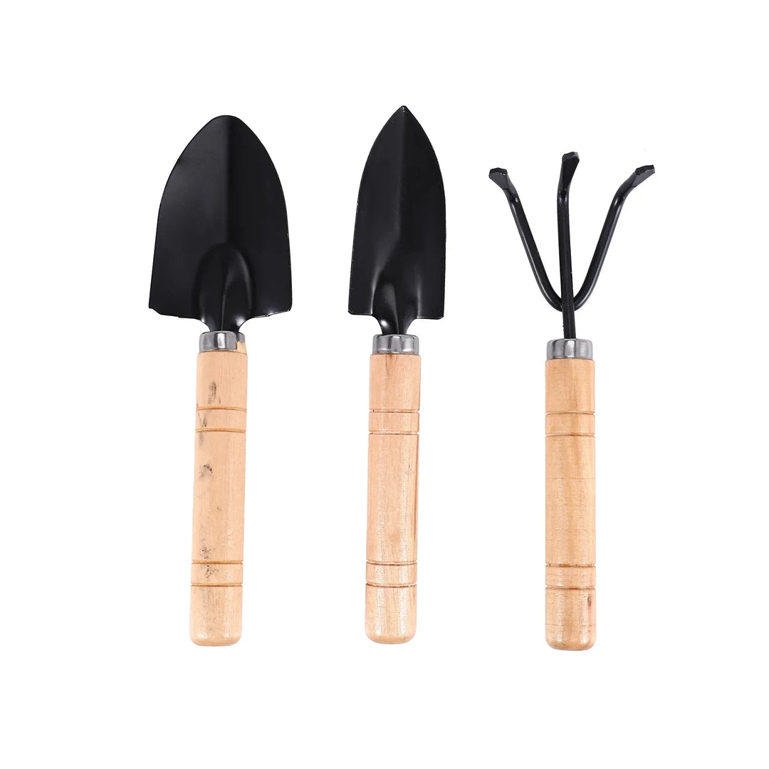 Ensemble d'outils de jardinage Mini Planturio 3 pièces | Pelle, truelle & râteau | Poignée en bois & tête en métal | Pour bonsaïs & plantes d'intérieur