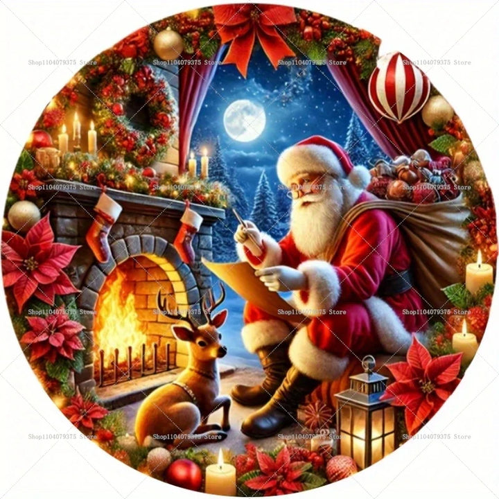 Panneau de Noël en Bois | Suspension Ronde avec Bonhomme de Neige & Père Noël | Décoration de Porte & Mur