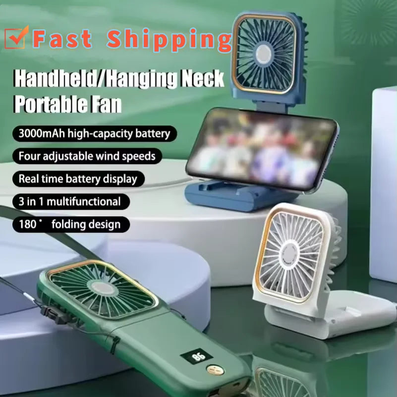 Airlio Ventilateur USB Pliable 3000mAh | Refroidisseur d'air à 4 vitesses | Ventilateur à main, de table & de cou | Fonction Powerbank | Pivote à 180°