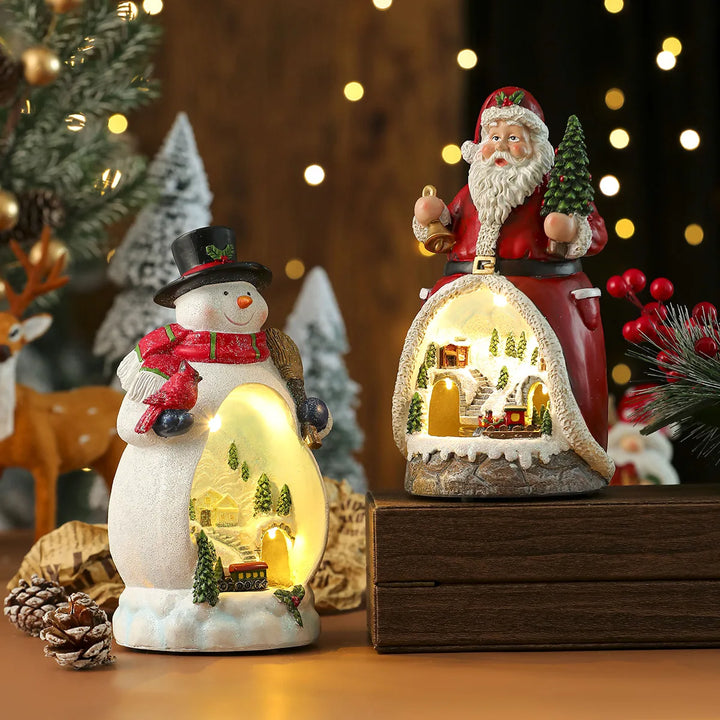 Musik-Weihnachtshaus FrostCabin | Figurine de Noël LED avec musique & train tournant | Fonctionne sur USB & piles | Maison décorative en résine
