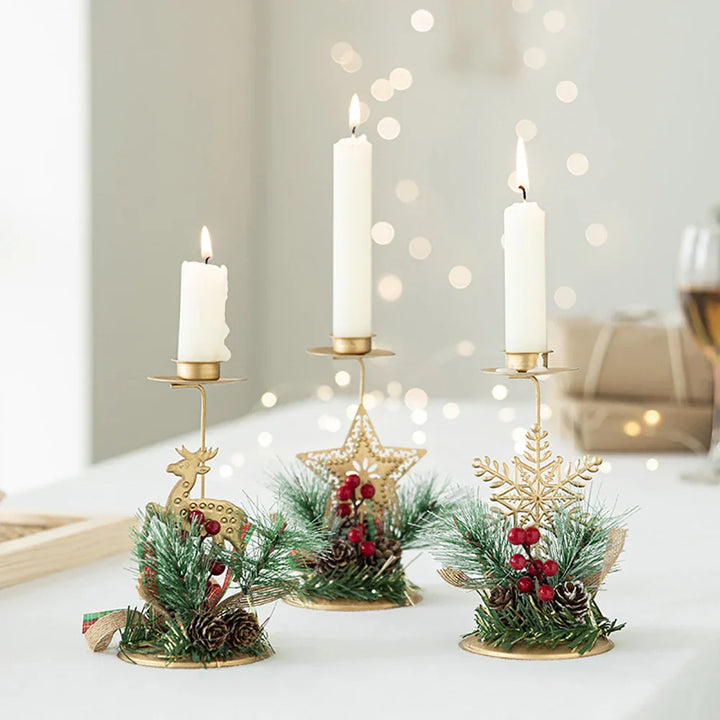 Support de bougie LumiNoel | Bougeoir de Noël en fer doré | Flocon de neige, étoile, arbre & renne | Décoration de table pour Noël & Nouvel An