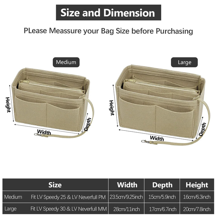 Organiseur TaschenLuxe | Insertion en feutre avec fermeture éclair | 15 compartiments & porte-clés | Pour sacs à main & shopper