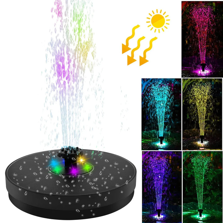 AquaLume Fontaine Solaire | Fontaine solaire 3W avec jeu de lumières LED | Jusqu'à 60 cm de hauteur de jet | 7 buses interchangeables