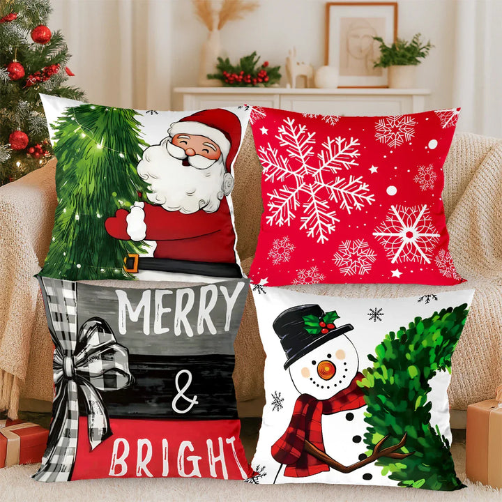 Ensemble de Housses de Coussin de Noël (4 pièces) | Décoration Festive pour la Maison | Coton Doux | 45x45 cm