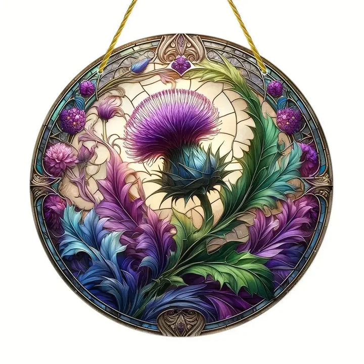 Attrape-Soleil ThistleLight | Décoration de fenêtre en acrylique ronde avec motif de chardon | 15–20 cm | Peint à la main & translucide