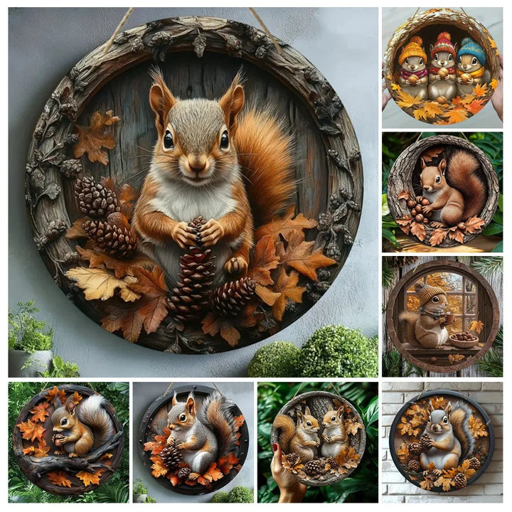 Panneau en bois AutumnTail | Panneau de bienvenue rond avec motif d'écureuil | 20–30 cm | Décoration d'automne et d'hiver faite à la main