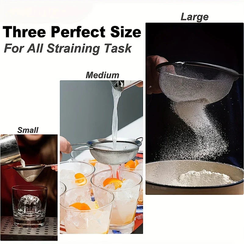 Ensemble de tamis de cuisine en acier inoxydable ProSift MeshLine | 3 pièces | Tamis fin pour farine, jus, lait de soja et pâtes | 8/10/14 cm de diamètre