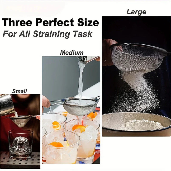 Ensemble de tamis de cuisine en acier inoxydable ProSift MeshLine | 3 pièces | Tamis fin pour farine, jus, lait de soja et pâtes | 8/10/14 cm de diamètre