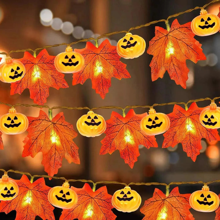Guirlande d'automne AutumnGlow | 1,5 m | Décoration feuilles d'érable & citrouilles | 5 LED Blanc chaud