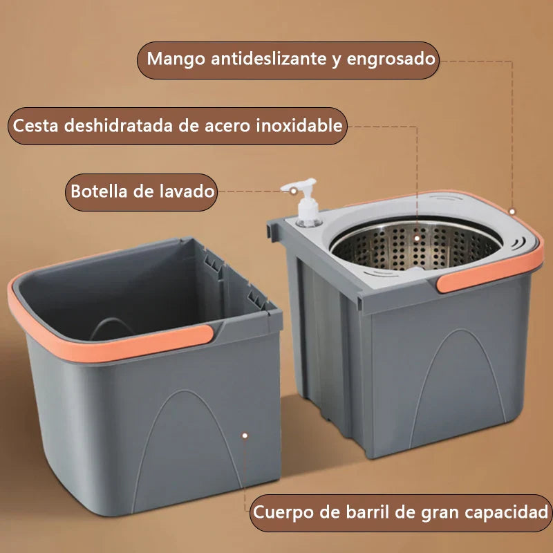 Duocleva Balai à franges avec seau à double compartiment | Manche en acier inoxydable de 138 cm | Tête rotative à 360° | Pour carrelages, bois et stratifié