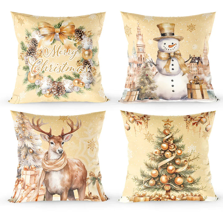 Ensemble de Housses de Coussin de Noël (4 pièces) | Décoration Festive pour la Maison | Coton Doux | 45x45 cm