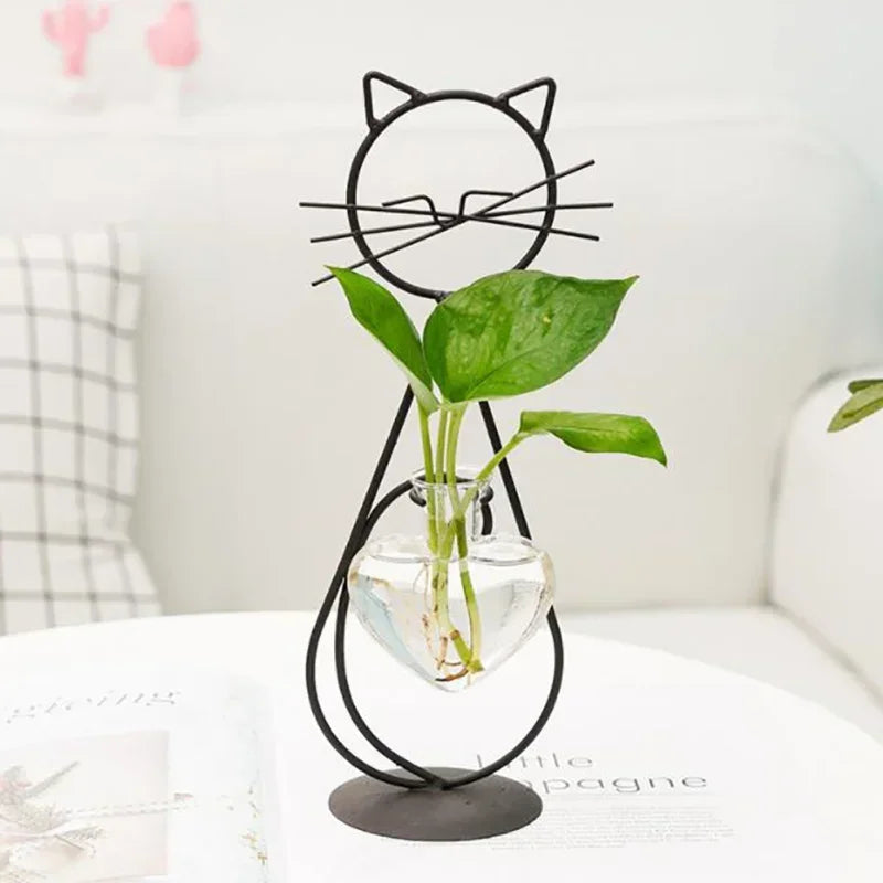 Felora | Vase en verre en forme de cœur pour hydroponie avec support pour chat | Fer forgé fait main & verre borosilicaté