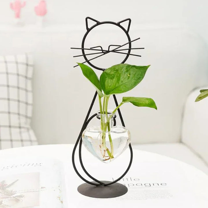 Felora | Vase en verre en forme de cœur pour hydroponie avec support pour chat | Fer forgé fait main & verre borosilicaté