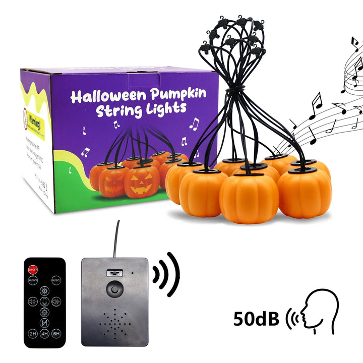 Guirlande lumineuse Halloween PumpkinPhantasm | 4,5 m | 8 citrouilles lumineuses avec mode son & musique | Télécommande & minuterie