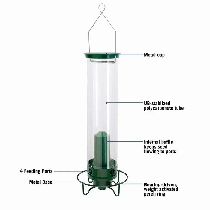 Distributeur de nourriture pour oiseaux Aviron avec protection anti-écureuils | Mécanisme à rotation | 4 ouvertures pour nourriture | Capacité de 2,27 kg