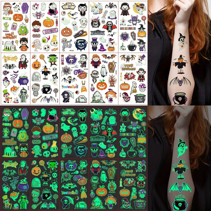 Tatouages Lumineux Enfants Halloween | Phosphorescent | 125 Motifs | Amical pour la Peau