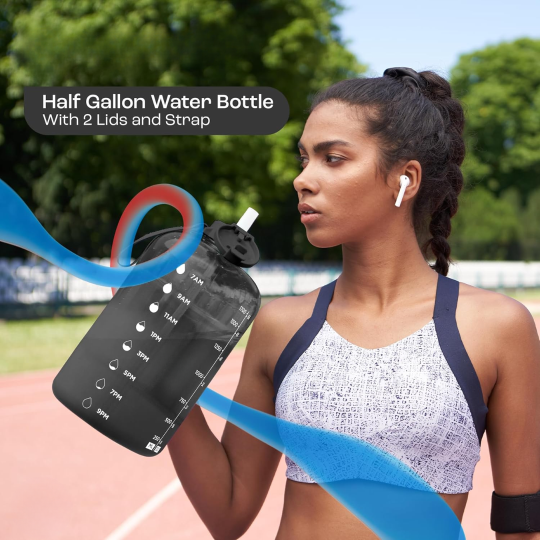 AquaTakt Bouteille d'eau 2L | Avec repères horaires & paille | Sans BPA & étanche | Pour le sport & le quotidien