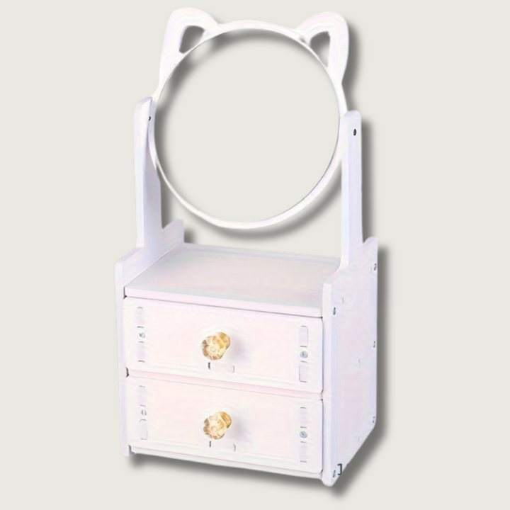 Miroa Miroir de maquillage avec tiroir & oreilles de chat | Pivotant à 360° | Sans électricité | Design moderne avec finition en huile | 26 × 16,7 × 12,7 cm