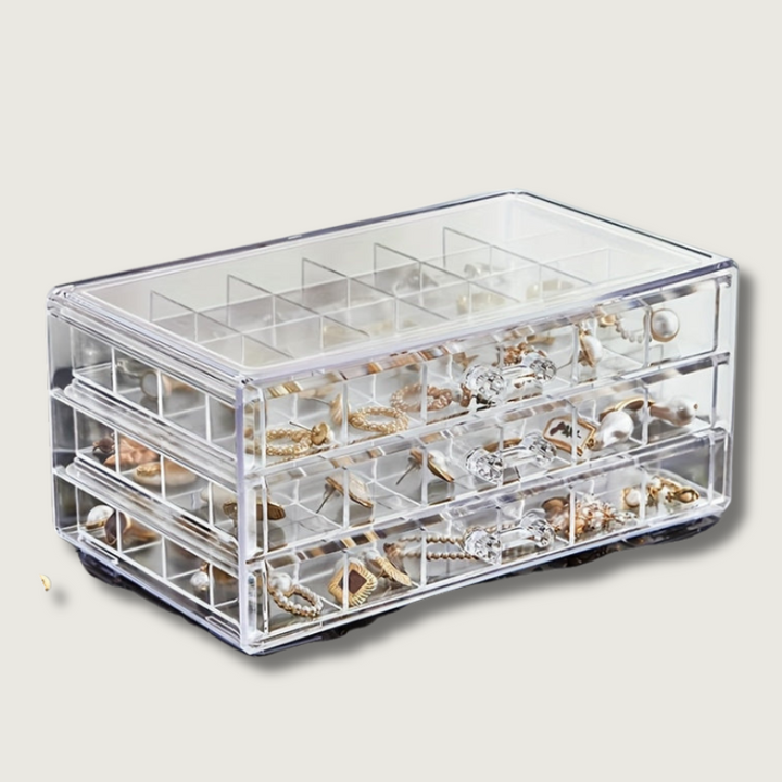 Boîte à bijoux CLARYSÉ 3 niveaux | 72 compartiments | Couvercle transparent | Organisateur pour bagues, boucles d'oreilles & colliers | 30 x 20 x 8 cm