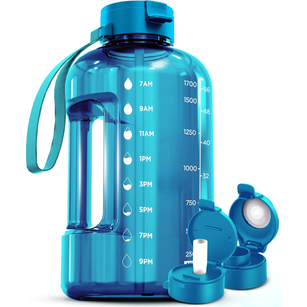 AquaTakt Bouteille d'eau 2L | Avec repères horaires & paille | Sans BPA & étanche | Pour le sport & le quotidien
