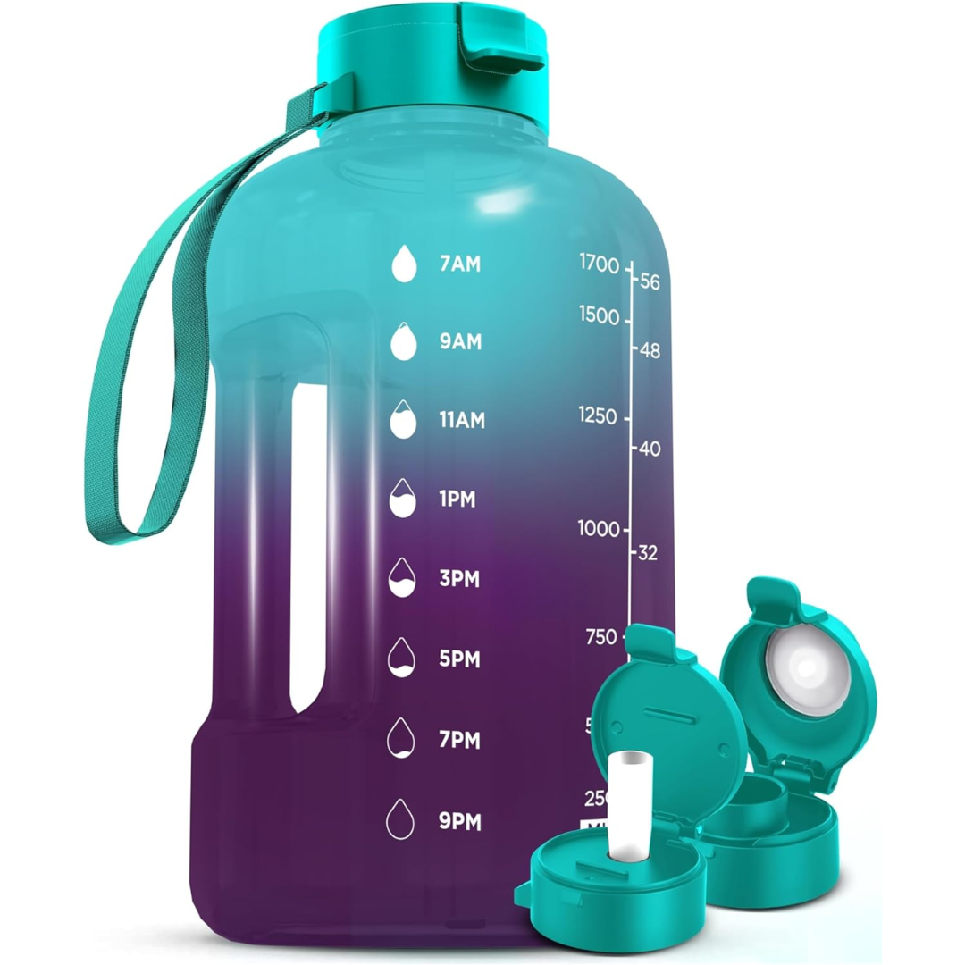 AquaTakt Bouteille d'eau 2L | Avec repères horaires & paille | Sans BPA & étanche | Pour le sport & le quotidien