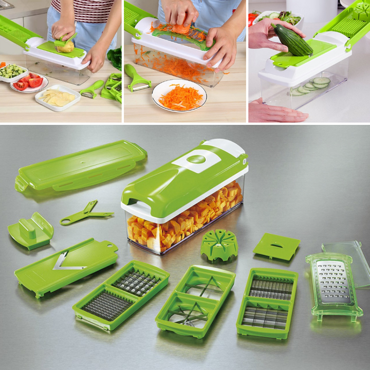 CutMate Coupe-légumes multifonction 12-en-1 | Avec récipient de collecte & protection des doigts | Lames en acier inoxydable | Compact & Sûr