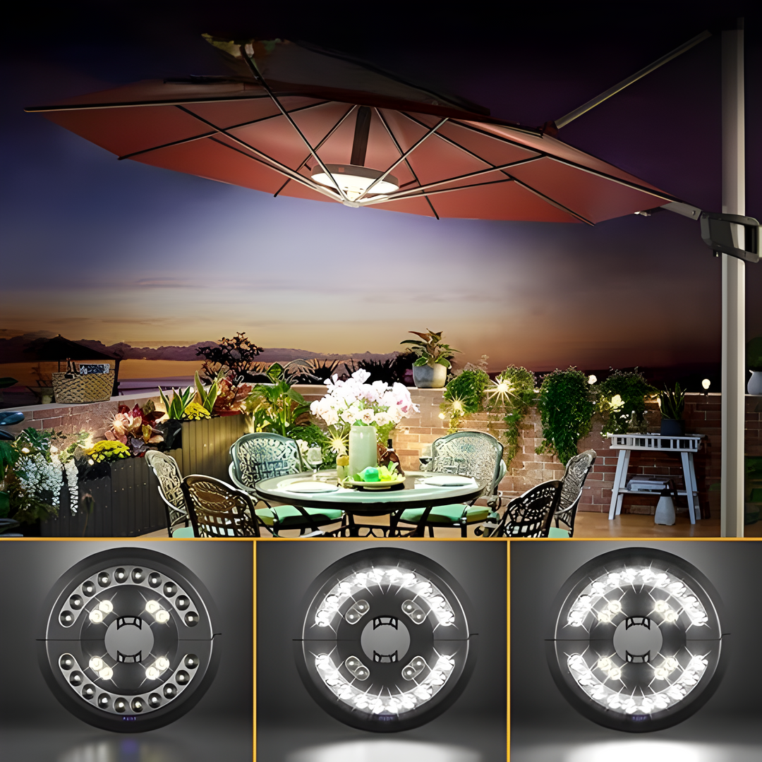 LumoClip Lampe de parasol LED avec batterie | 3 niveaux de luminosité & lumière à 360° | Chargement USB | Pour balcon, jardin & camping
