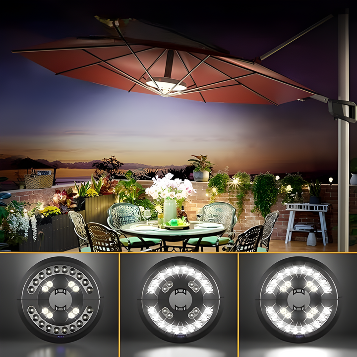 LumoClip Lampe de parasol LED avec batterie | 3 niveaux de luminosité & lumière à 360° | Chargement USB | Pour balcon, jardin & camping