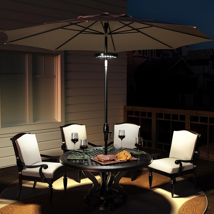 LumoClip Lampe de parasol LED avec batterie | 3 niveaux de luminosité & lumière à 360° | Chargement USB | Pour balcon, jardin & camping