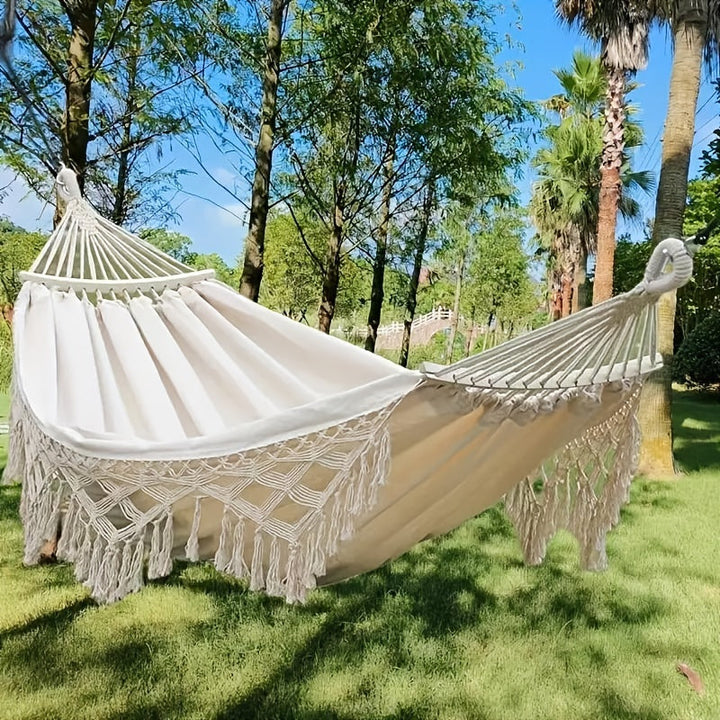 Hamac Boho Lunaria Breeze | Avec pompons et rayures | Coton | Pour 2 personnes | Capacité de 43 à 54 kg