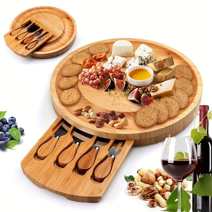 Plateau à fromage Bambucina Runde en bambou | Avec tiroir extensible & 4 couteaux à fromage | Durable & Élégant