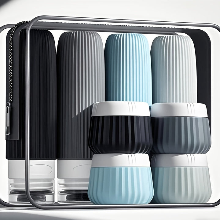 Set de bouteilles de voyage Travilo | Étanche & approuvé par la TSA | Avec trousse transparente et flexible | Silicone