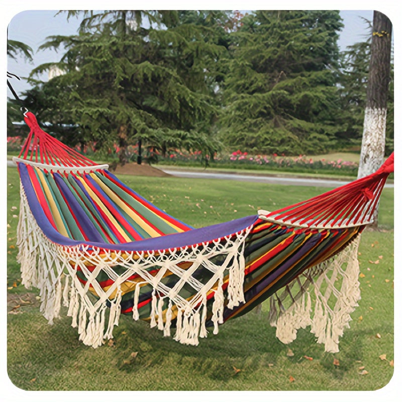 Hamac Boho Lunaria Breeze | Avec pompons et rayures | Coton | Pour 2 personnes | Capacité de 43 à 54 kg