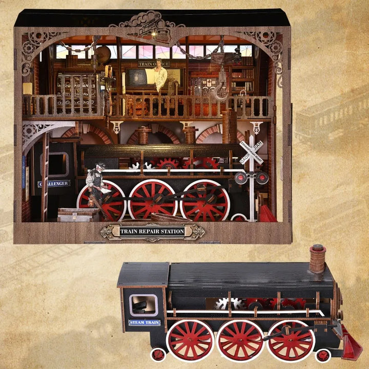 Puzzle en Bois 3D - Station de Réparation de Train