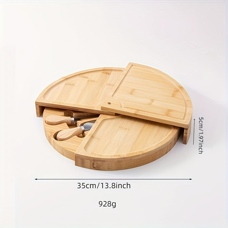 Plateau à fromage en bambou Servella avec système de tiroirs | Comprend un set de couteaux à fromage | Plateau de service rond | Durable et polyvalent