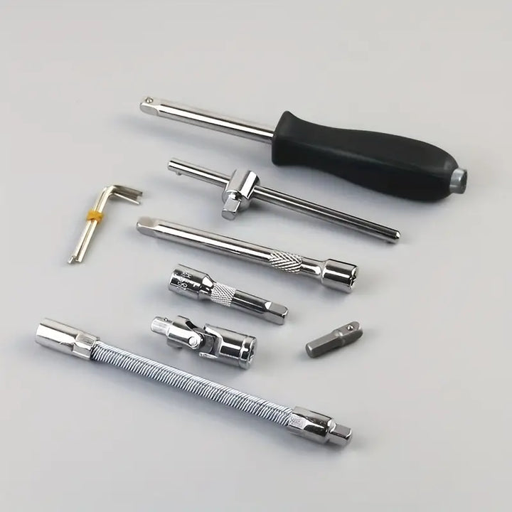 Coffre à outils TASKORIUM | Ensemble de 46 pièces | Acier chromé | Compact & Portable | 38×28×10 cm