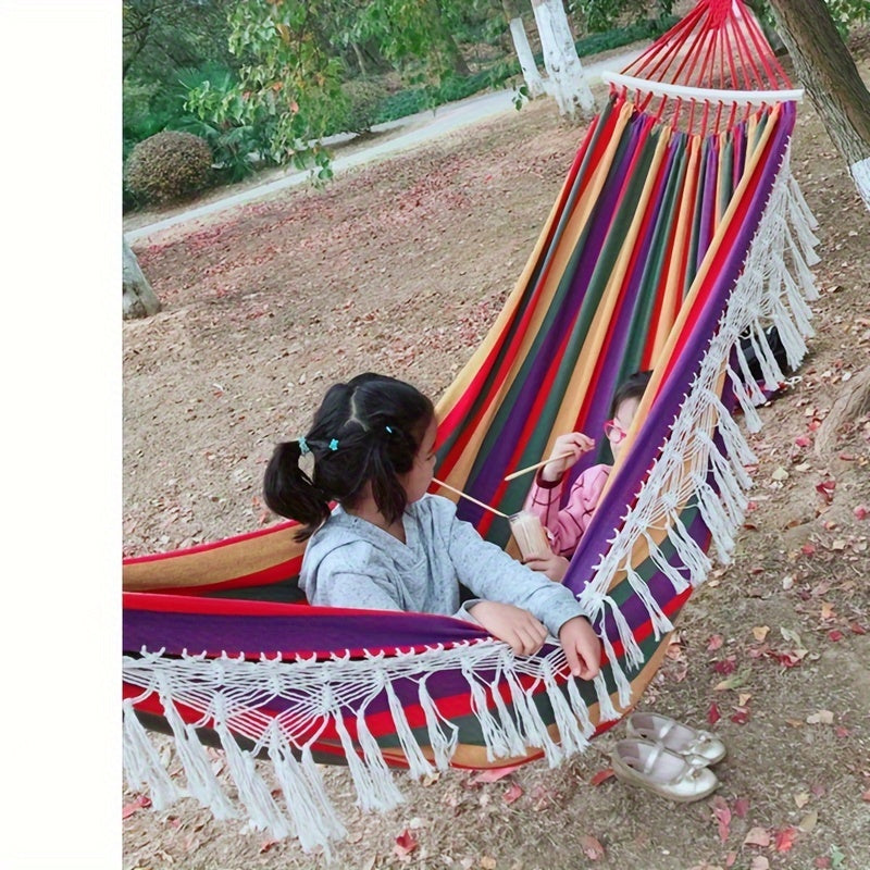 Hamac Boho Lunaria Breeze | Avec pompons et rayures | Coton | Pour 2 personnes | Capacité de 43 à 54 kg