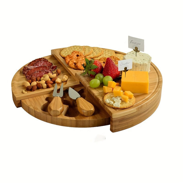 Plateau à fromage en bambou Servella avec système de tiroirs | Comprend un set de couteaux à fromage | Plateau de service rond | Durable et polyvalent