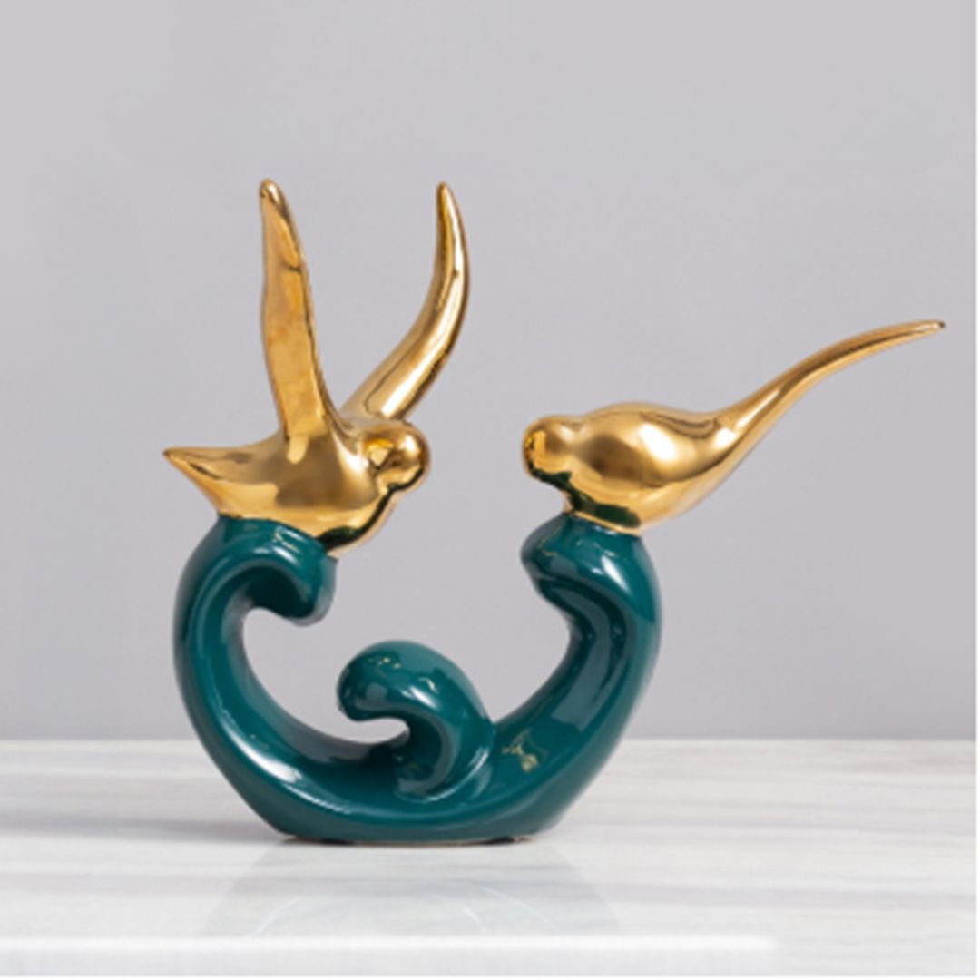 GoldGefieder | Oiseaux d'amour en céramique | Figurine décorative luxueuse | Socle vert émeraude