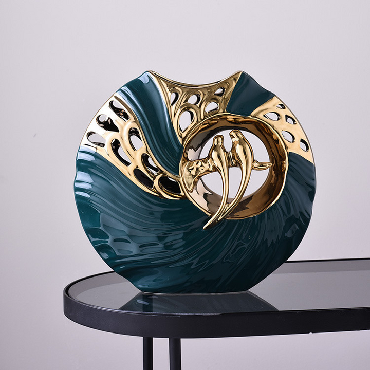 GoldGefieder | Oiseaux d'amour en céramique | Figurine décorative luxueuse | Socle vert émeraude