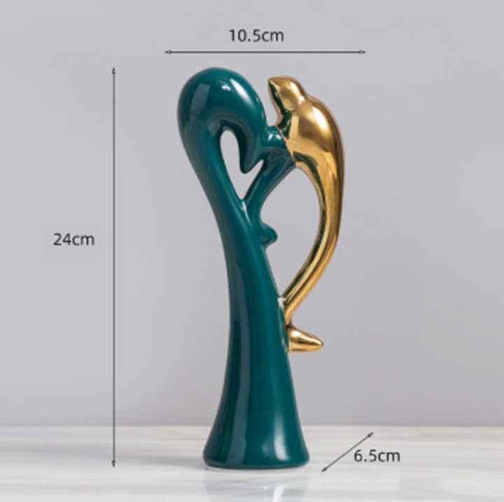 GoldGefieder | Oiseaux d'amour en céramique | Figurine décorative luxueuse | Socle vert émeraude