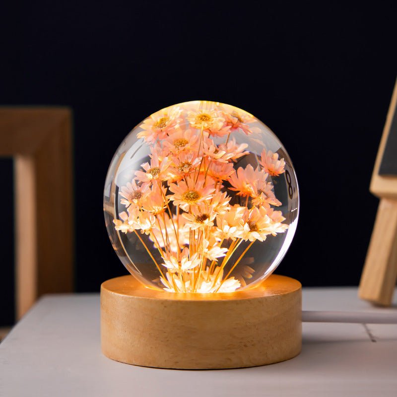 Lampe à boule en cristal Floralis | Design floral 3D | Pissenlit & Marguerite | Socle en bois USB