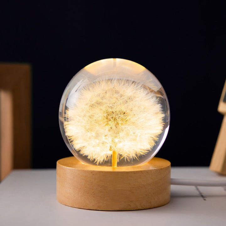 Lampe à boule en cristal Floralis | Design floral 3D | Pissenlit & Marguerite | Socle en bois USB