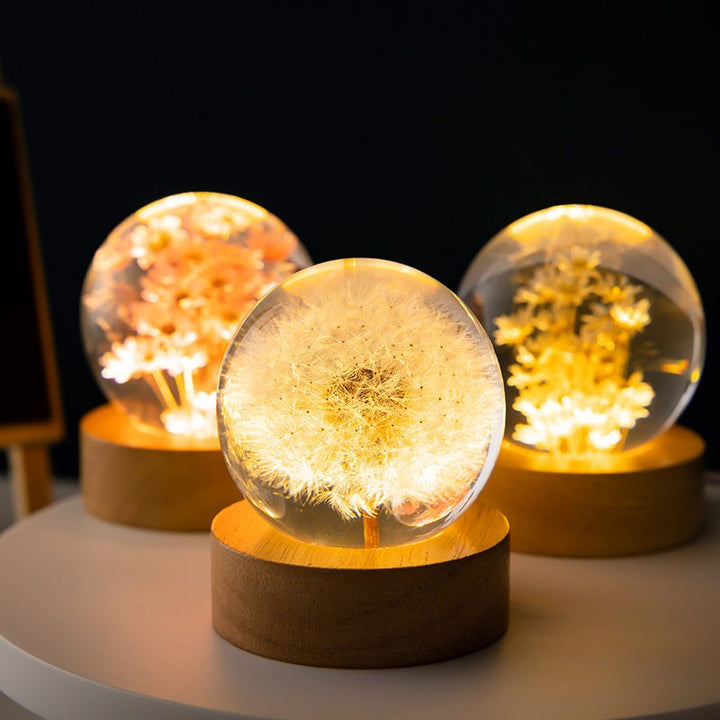 Lampe à boule en cristal Floralis | Design floral 3D | Pissenlit & Marguerite | Socle en bois USB