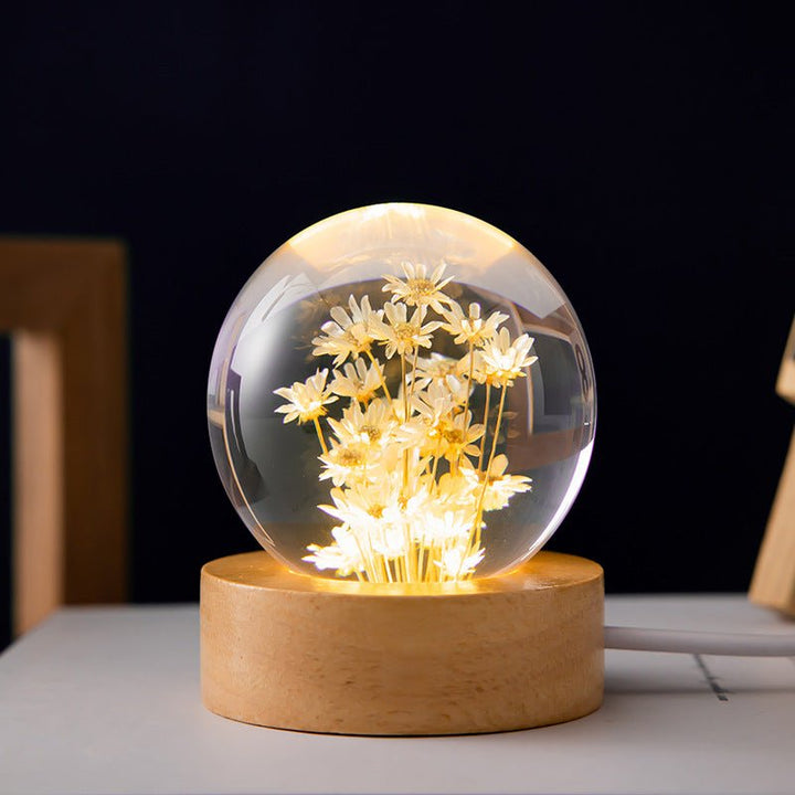 Lampe à boule en cristal Floralis | Design floral 3D | Pissenlit & Marguerite | Socle en bois USB