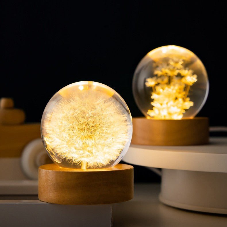 Lampe à boule en cristal Floralis | Design floral 3D | Pissenlit & Marguerite | Socle en bois USB