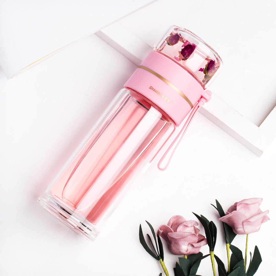 ThermoLeaf Bouteille de Thé en Verre à Double Paroi | 400–450 ml | Avec Filtre en Acier Inoxydable & Poignée de Transport | Étanche & Résistant à la Chaleur