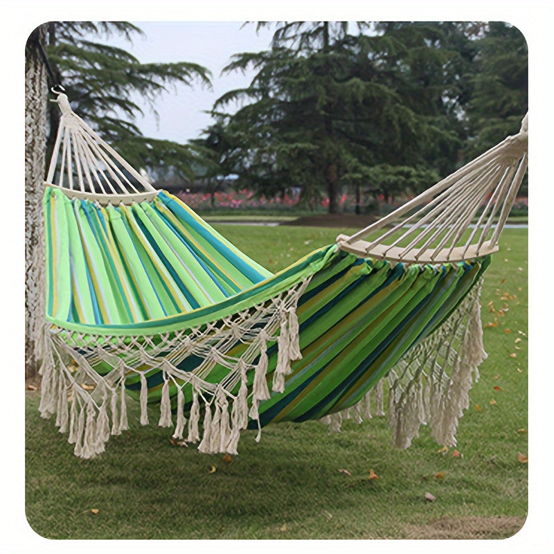 Hamac Boho Lunaria Breeze | Avec pompons et rayures | Coton | Pour 2 personnes | Capacité de 43 à 54 kg
