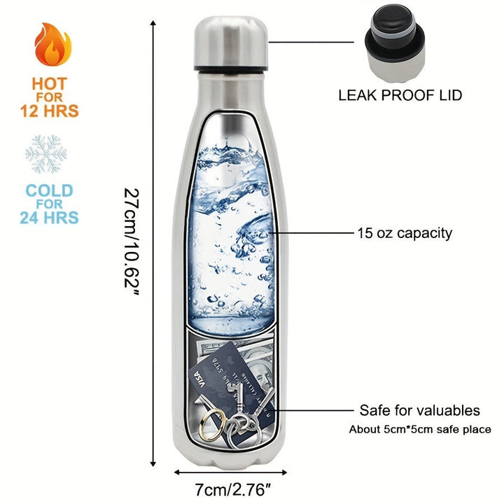 Bouteille Isolante VaultBottle Smart | Avec compartiment secret | 12h chaud & 24h froid | Acier inoxydable | 450 ml | 27×7 cm